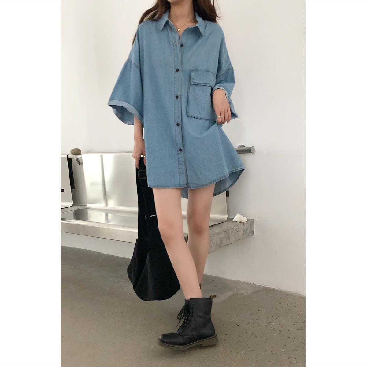 Denim shirt women's trendy thin section loose mid-length short-sleeved shirt summer bf large size lower body missing top women