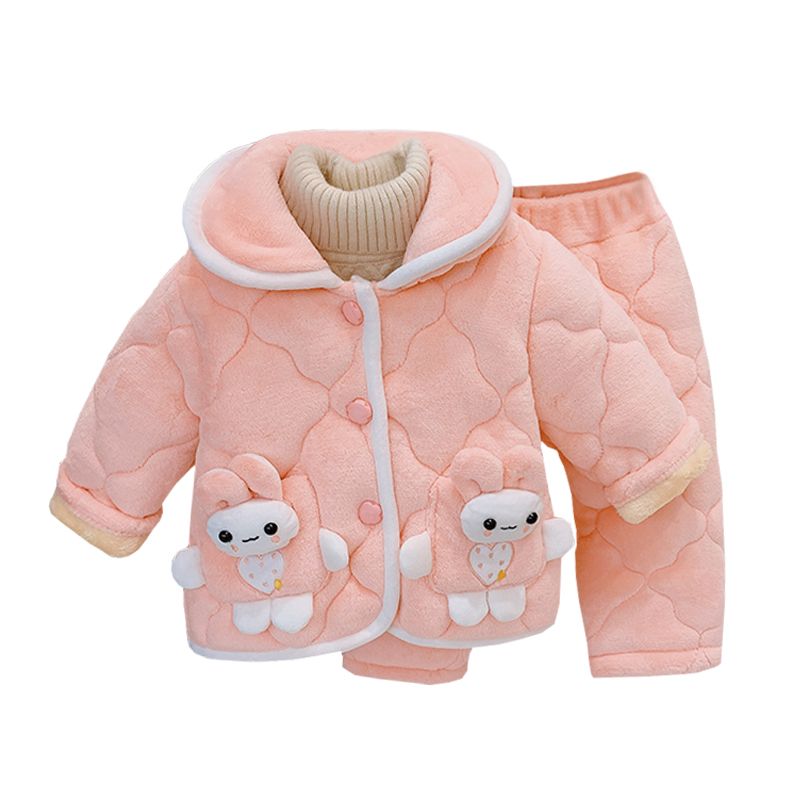 Girls 2022 winter clothes new three-layer quilted thickened pajamas set girl baby cute warm home two-piece set