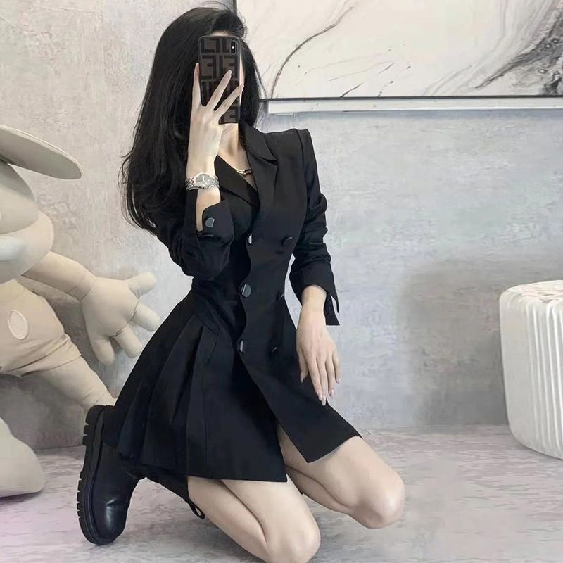 Plus velvet thickened new French ladies style thin double-breasted summer dress pleated suit skirt jacket female