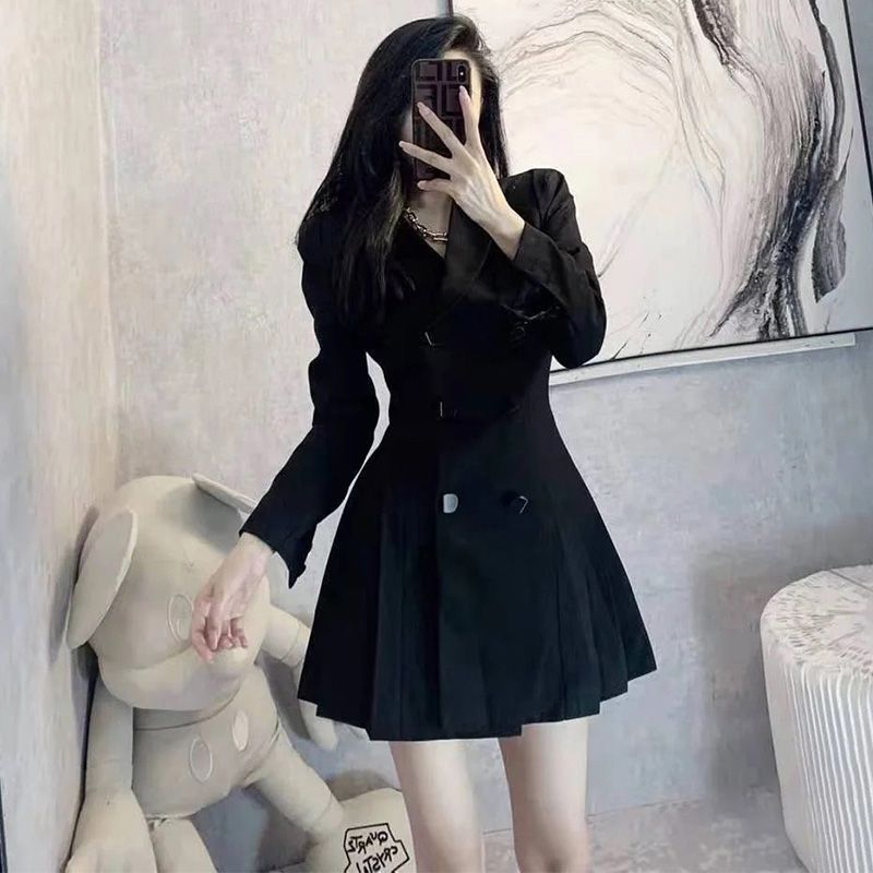 Plus velvet thickened new French ladies style thin double-breasted summer dress pleated suit skirt jacket female
