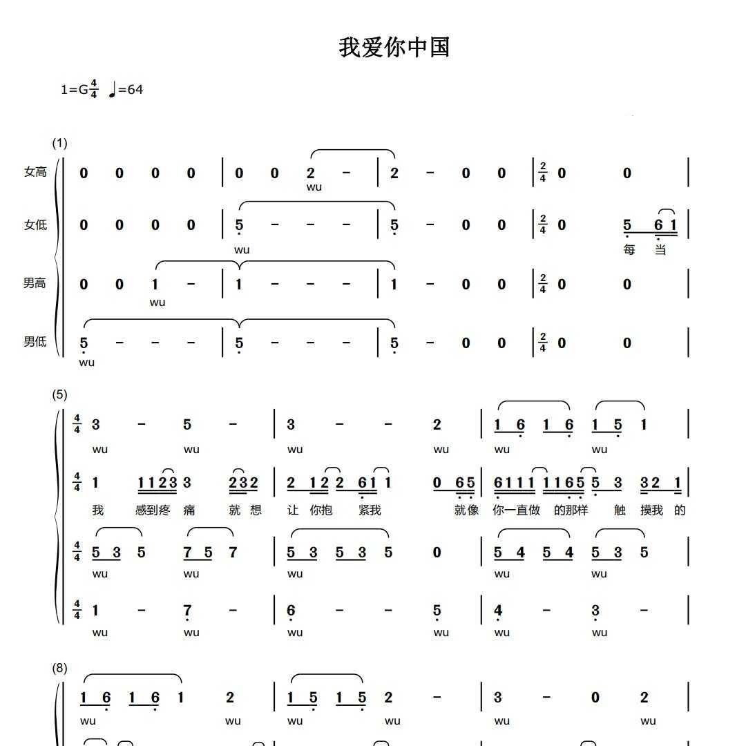 我爱你中国合唱  g调  改编汪峰版 简谱
高清