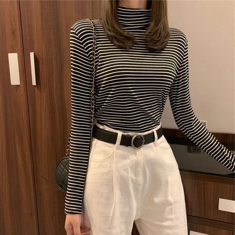 77068-春秋新款半高领条纹打底衫女修身内搭学生长袖T恤女黑白上衣女装-详情图