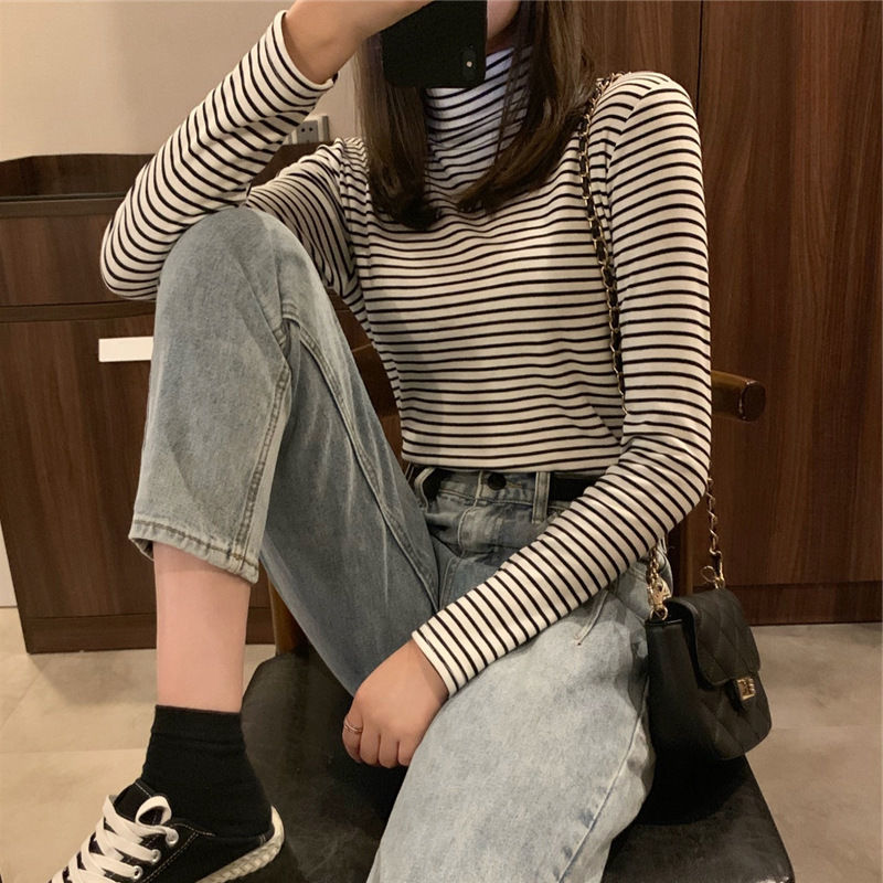 77068-春秋新款半高领条纹打底衫女修身内搭学生长袖T恤女黑白上衣女装-详情图