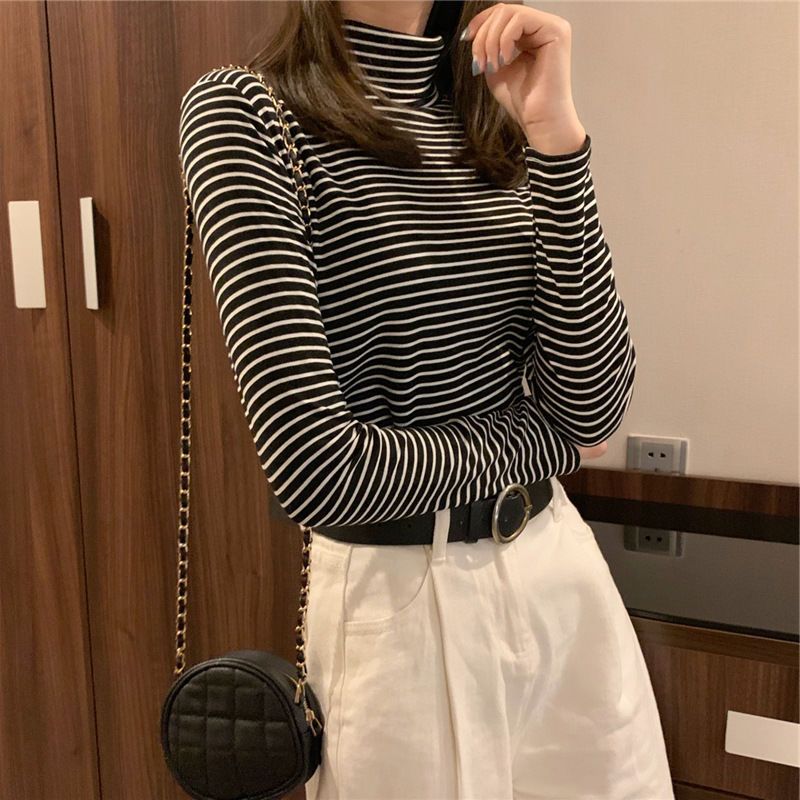 77068-春秋新款半高领条纹打底衫女修身内搭学生长袖T恤女黑白上衣女装-详情图