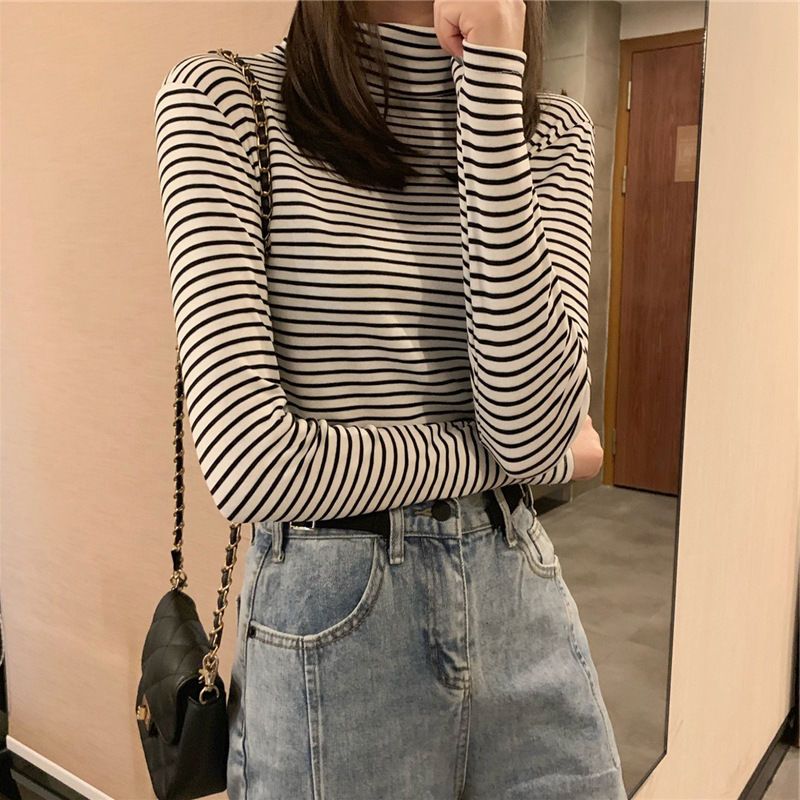 77068-春秋新款半高领条纹打底衫女修身内搭学生长袖T恤女黑白上衣女装-详情图