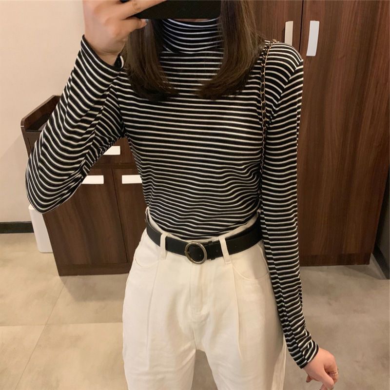 77068-春秋新款半高领条纹打底衫女修身内搭学生长袖T恤女黑白上衣女装-详情图