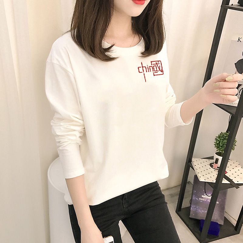 77451-2021秋装新款时尚长袖T恤女装国风复古印花t恤白色圆领女士上衣潮-详情图