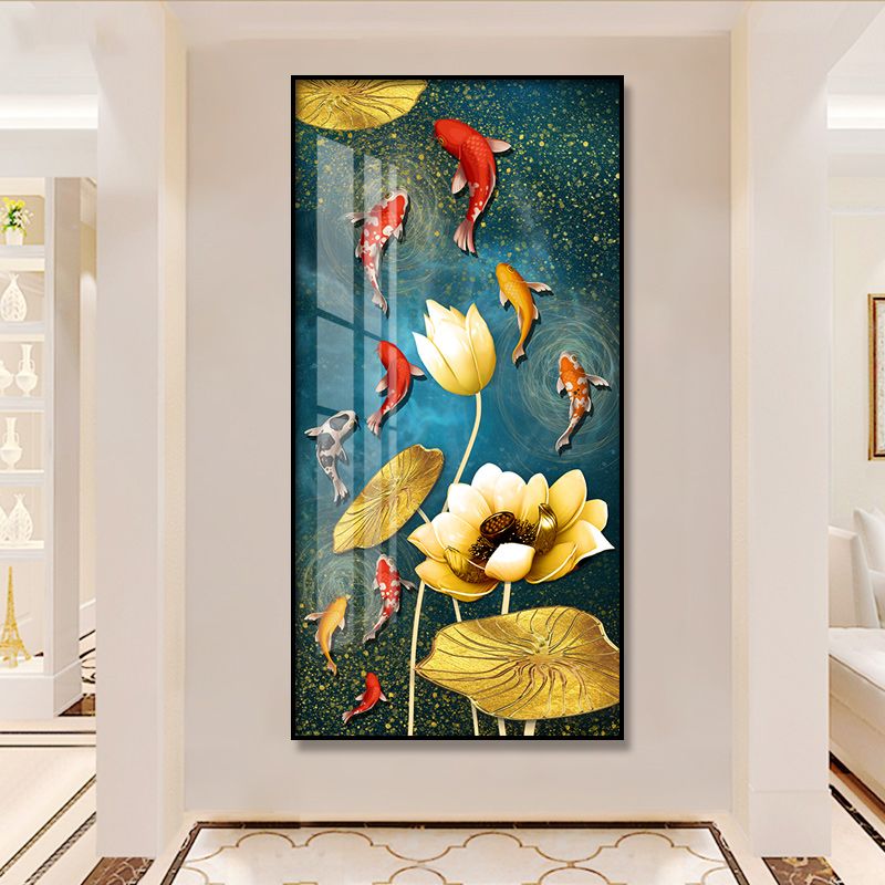 九鱼图入户玄关装饰画走廊过道壁画晶瓷轻奢镶钻现代简约竖版挂画