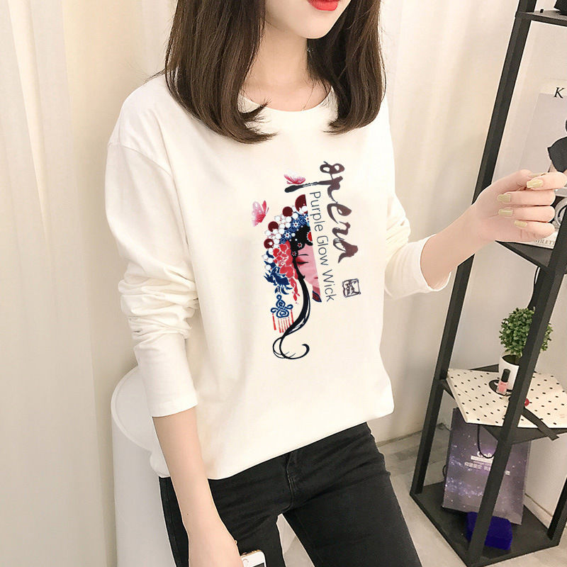 77451-2021秋装新款时尚长袖T恤女装国风复古印花t恤白色圆领女士上衣潮-详情图