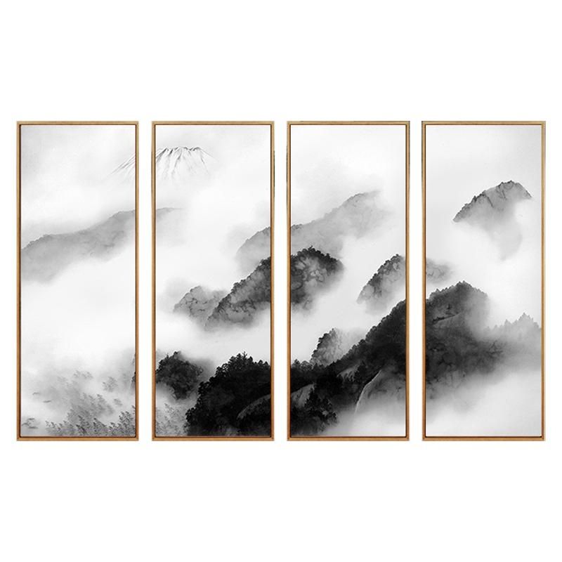 新中式水墨装饰画禅意黑白云雾山水挂画现代中式四联画四条屏壁画