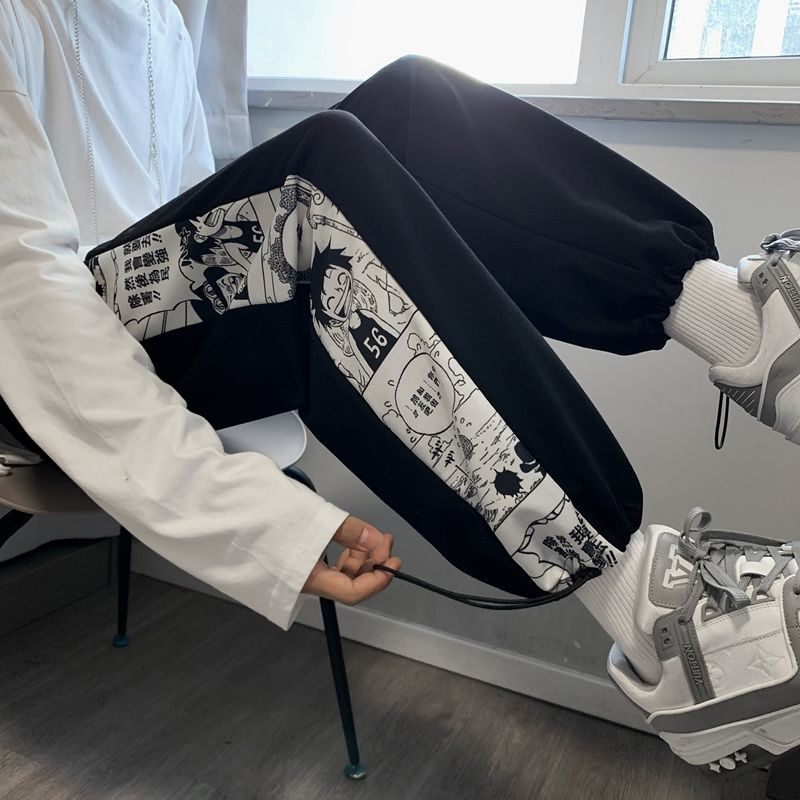 Casual pants men's Korean version trendy loose all-match students Hong Kong style beamed feet straight spring and autumn nine points cartoon pants