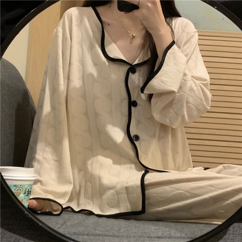 South Korea ins autumn and winter lapel double breasted wavy edge apricot long-sleeved trousers jacquard home service pajamas women's suit