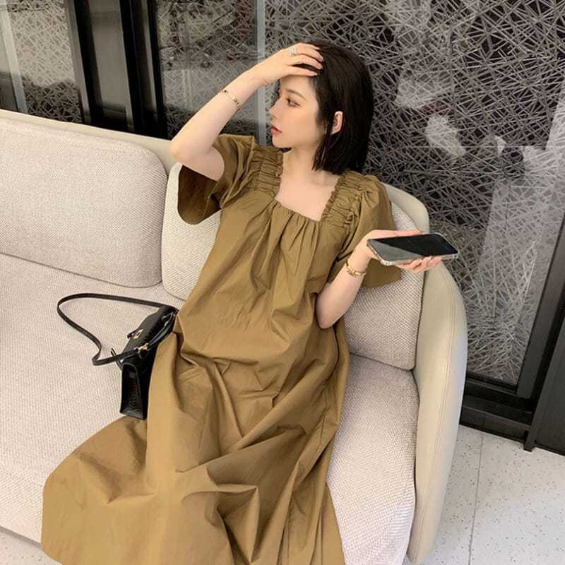 French Retro Square Neck Puff Sleeve Dress Women's Long Loose Belly Cover Long Dress Gentle Small Holiday Dress