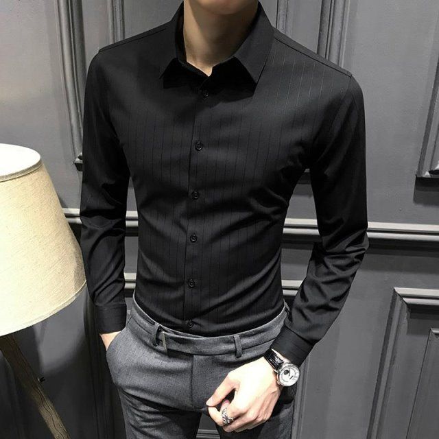 秋季条纹衬衫男长袖2021新款秋装休闲黑色男士商务衬衣修身上衣寸