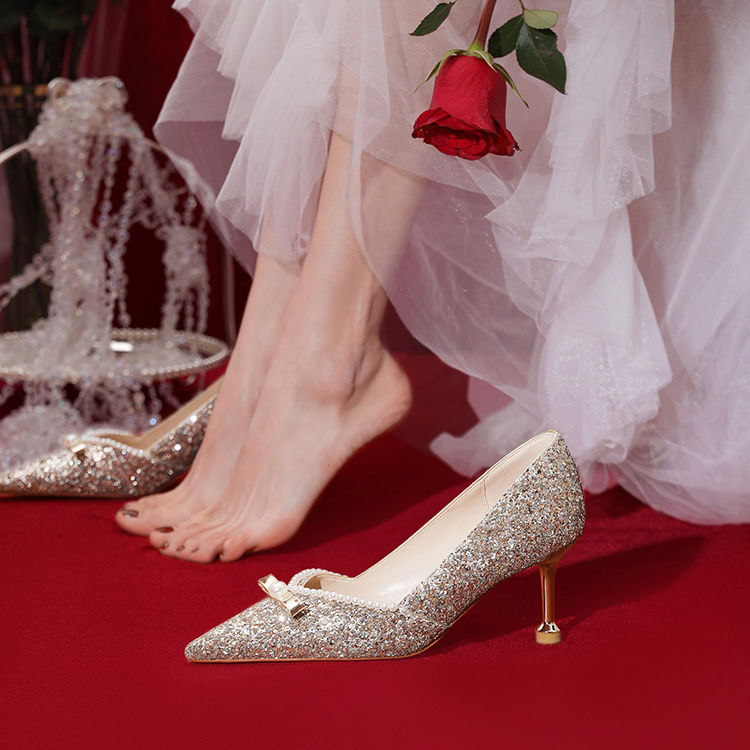 结婚新娘鞋法式高跟鞋婚鞋秀禾婚纱两穿2022年春新款水晶鞋女单鞋
