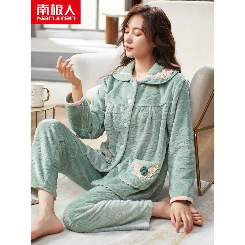 Nanjiren pajamas women's spring, autumn and winter coral fleece 2021 new flannel plus velvet thick home service suit