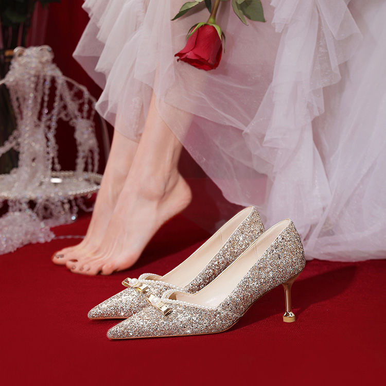 结婚新娘鞋法式高跟鞋婚鞋秀禾婚纱两穿2022年春新款水晶鞋女单鞋