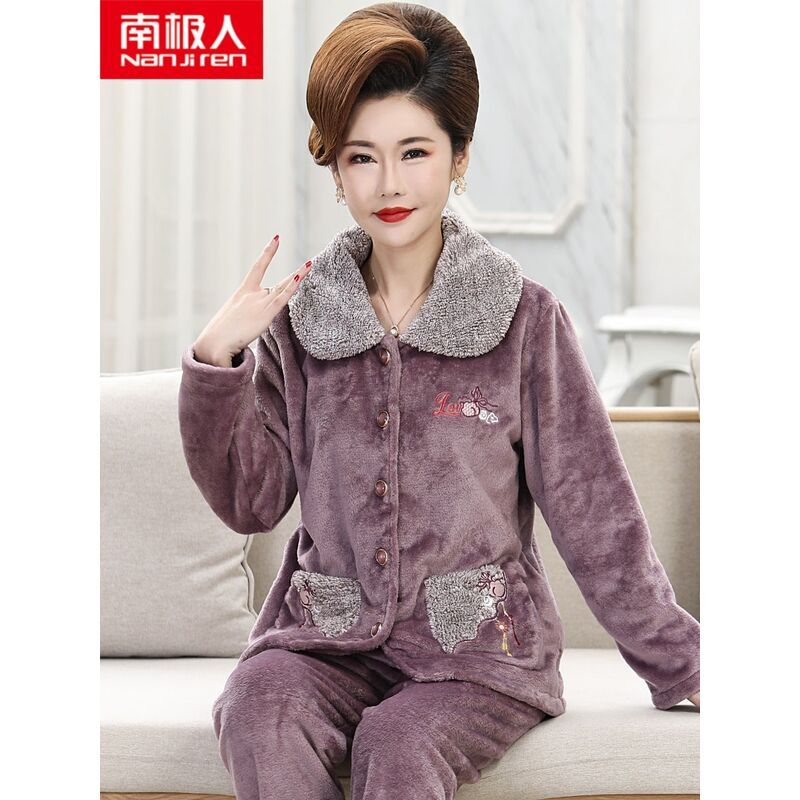 Pajamas women's winter thickened middle-aged mother flannel autumn and winter warm home clothes plus fat plus size suit