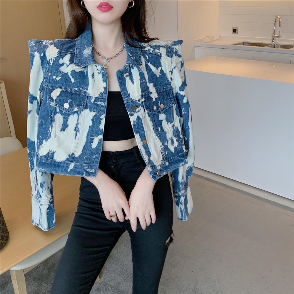 Short denim jacket women's Korean loose spring and autumn versatile long sleeve tie dyed shoulder pad design sense niche Jacket Top