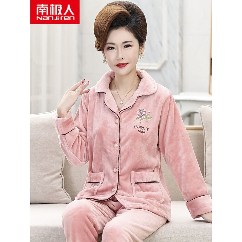 Autumn and winter middle-aged and elderly pajamas women's winter coral fleece thickened middle-aged mother flannel warm home service suit