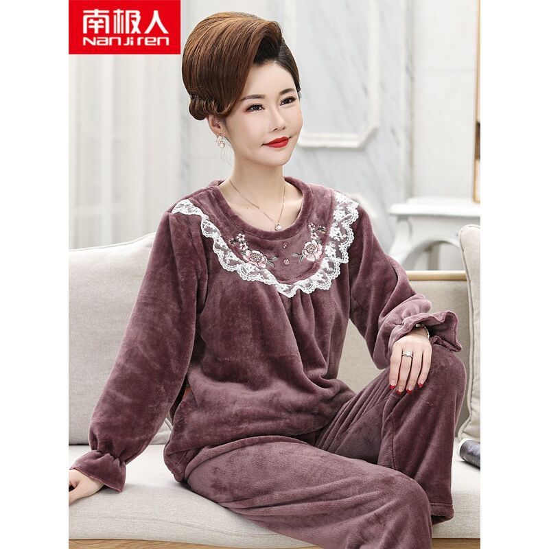 Antarctic people coral fleece pajamas women's autumn and winter thickened warm plus fat large size flannel middle-aged mother home clothes