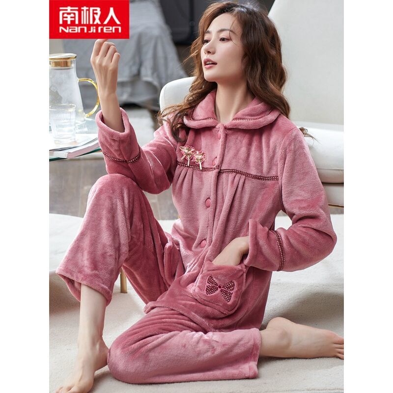 Antarctic people coral fleece pajamas women's autumn and winter thickened plus velvet winter flannel home service winter warm suit