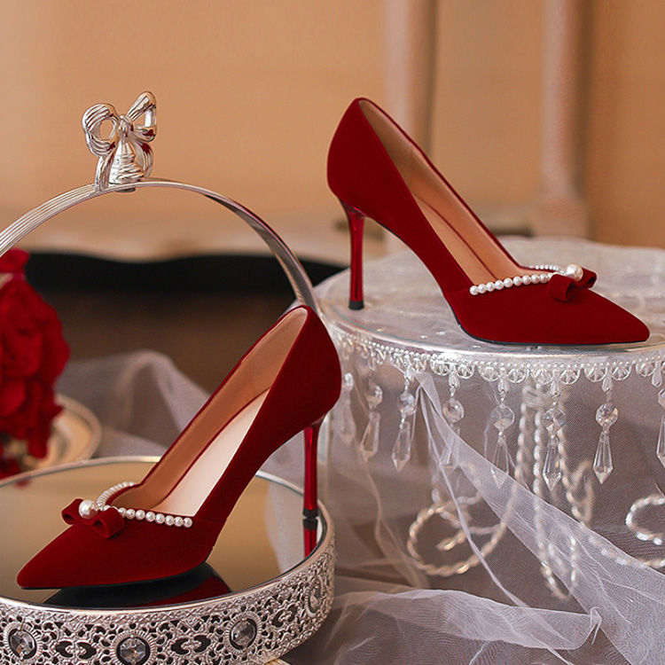 法式秀禾婚纱两穿婚鞋春季女新娘鞋细跟新款单鞋女珍珠红色高跟鞋