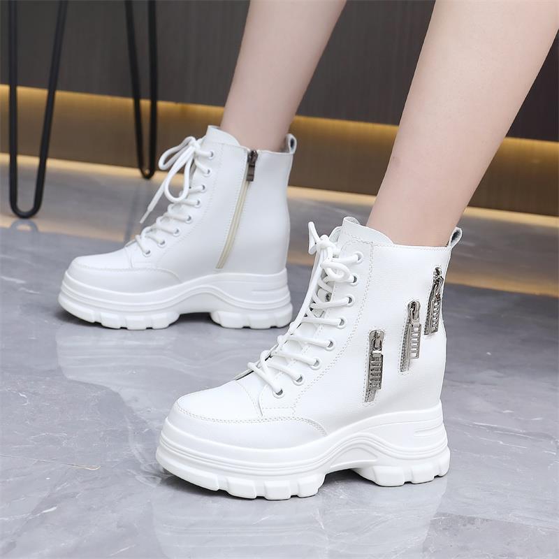 Woodpecker leather inner heightened Martin boots women  autumn and winter plus velvet thickened leather boots small slim short boots women
