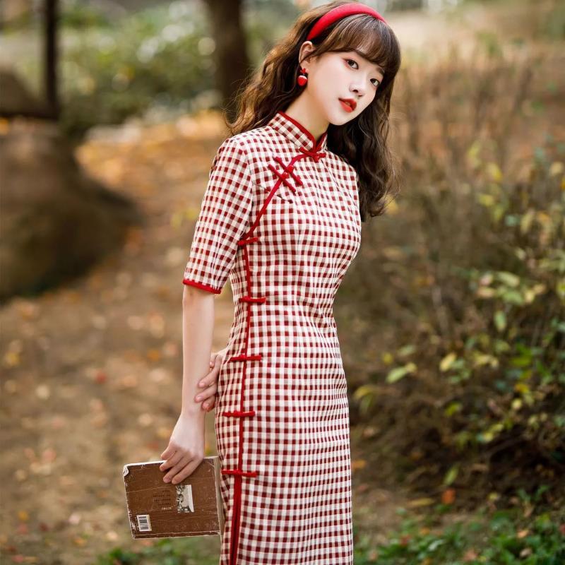 夏装旗袍棉麻格子旗袍裙长款中国风改良版少女年轻款2021新款日常