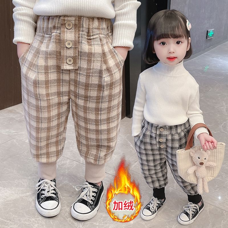 女童格子褲2022秋冬新款兒童外穿加絨長褲小女孩秋款寬鬆休閒褲子