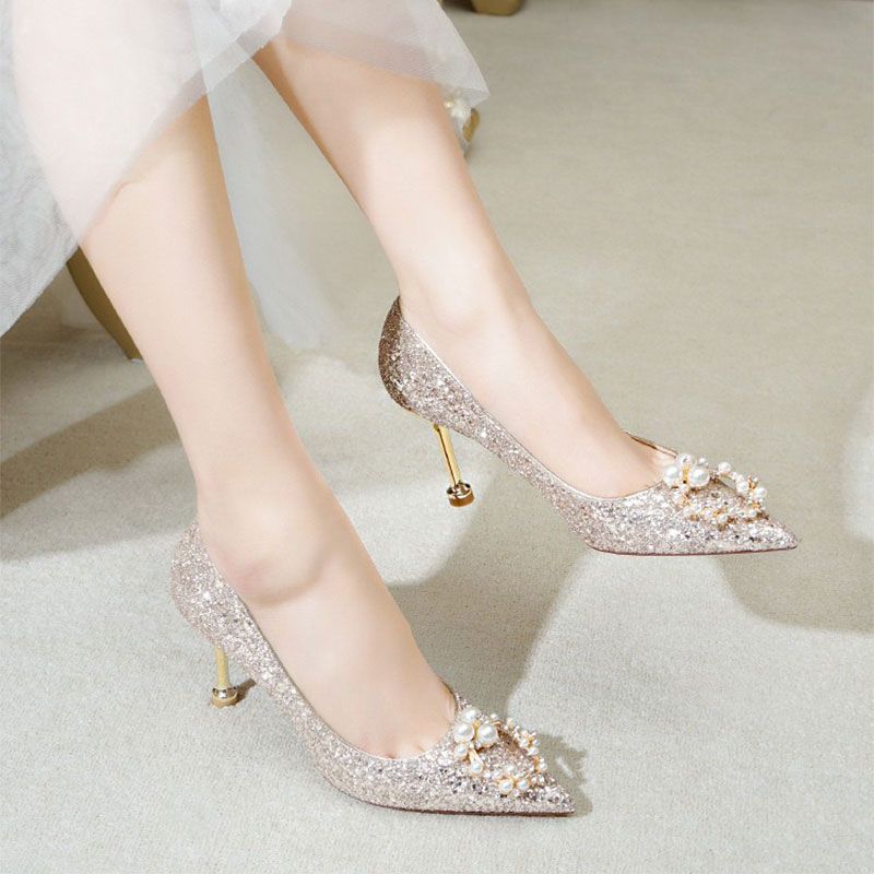 婚鞋春季女鞋新款韩版新娘鞋子不累脚法式水晶高跟鞋秀禾婚纱两穿