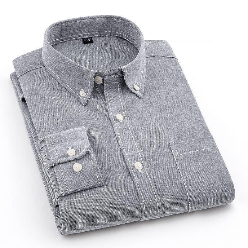 High-cotton long-sleeved solid-color Oxford spinning spring and autumn Korean style middle-aged and elderly loose casual men's shirts with pockets
