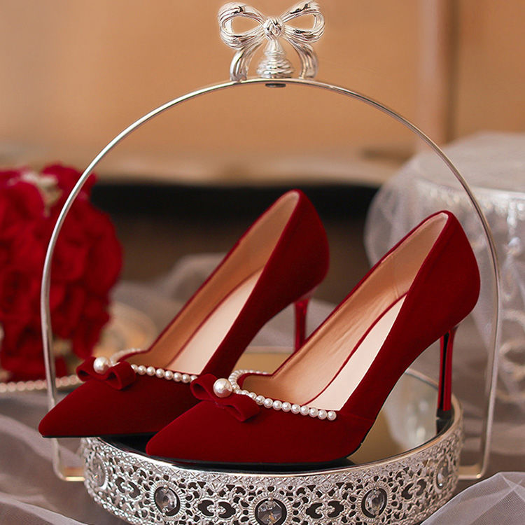 法式秀禾婚纱两穿婚鞋春季女新娘鞋细跟新款单鞋女珍珠红色高跟鞋
