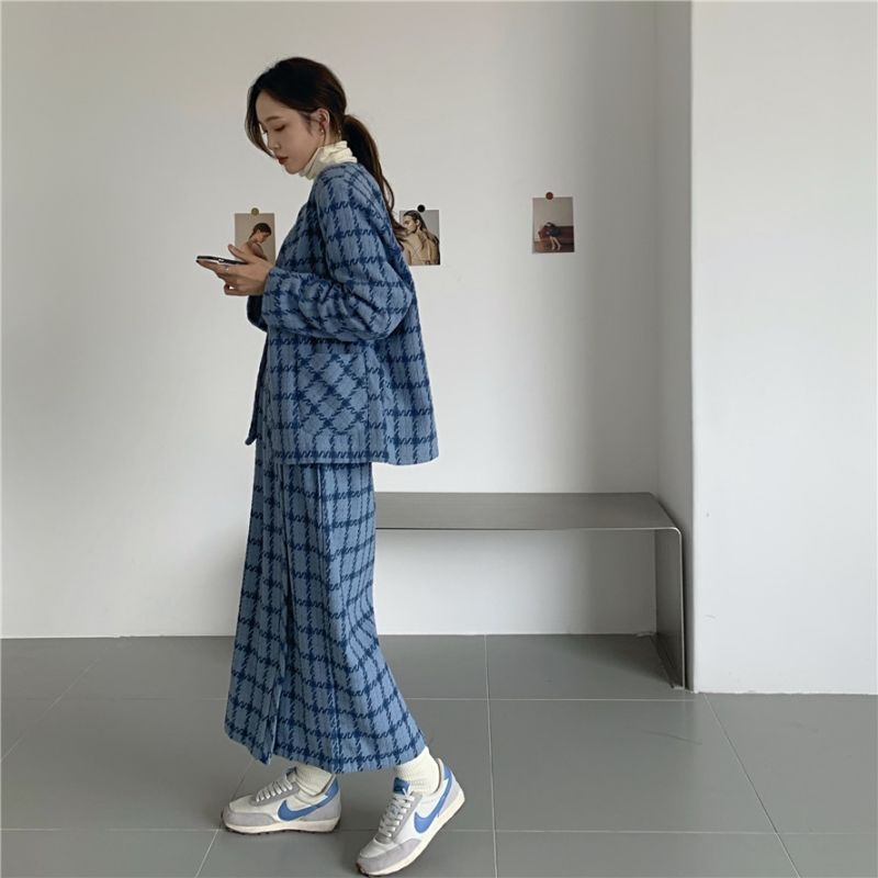 Woolen blazer women's retro thickened Korean style autumn and winter temperament mid-length blue plaid suit top trendy