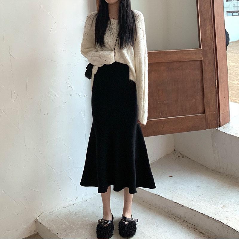 黑色鱼尾裙针织包臀裙秋冬季小个子穿搭中长款h型一步半身裙150cm