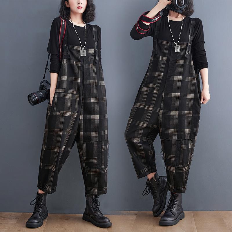 Fat mm denim overalls women's  autumn and winter loose large size retro plaid baggy pants conjoined casual harem pants