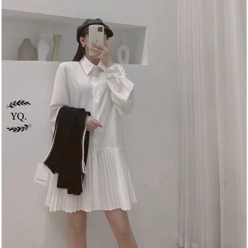 2021 Spring and Autumn Korean Style Super Sweet Small Fresh Style Shirt Collar Short Loose Pleated Dress