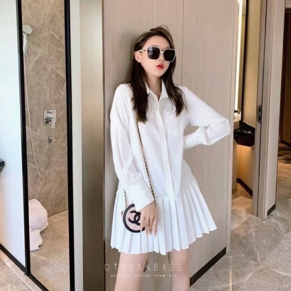 2021 Spring and Autumn Korean Style Super Sweet Small Fresh Style Shirt Collar Short Loose Pleated Dress