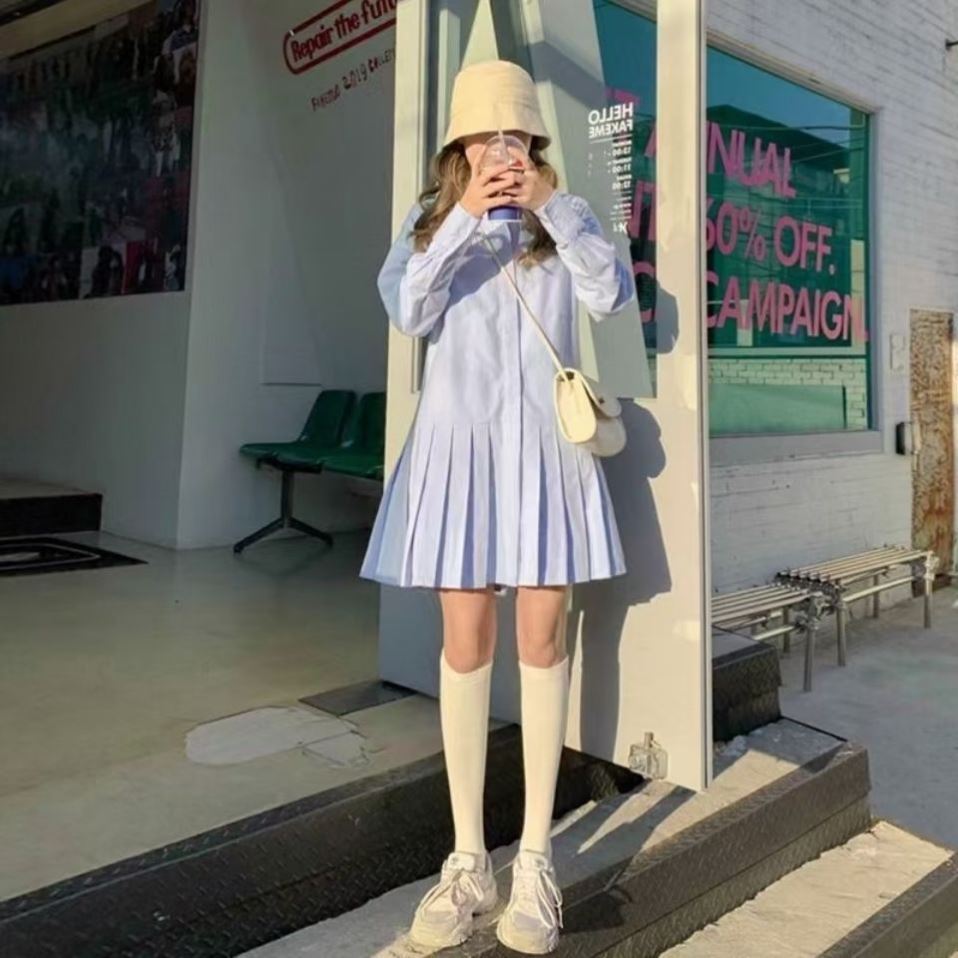 2021 Spring and Autumn Korean Style Super Sweet Small Fresh Style Shirt Collar Short Loose Pleated Dress