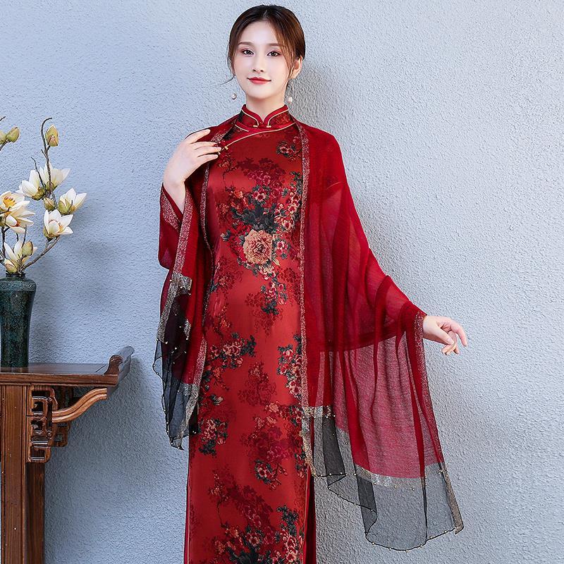红色喜庆妈妈婚宴礼服中年旗袍披肩婚礼围巾外披薄款外搭纱巾夏季