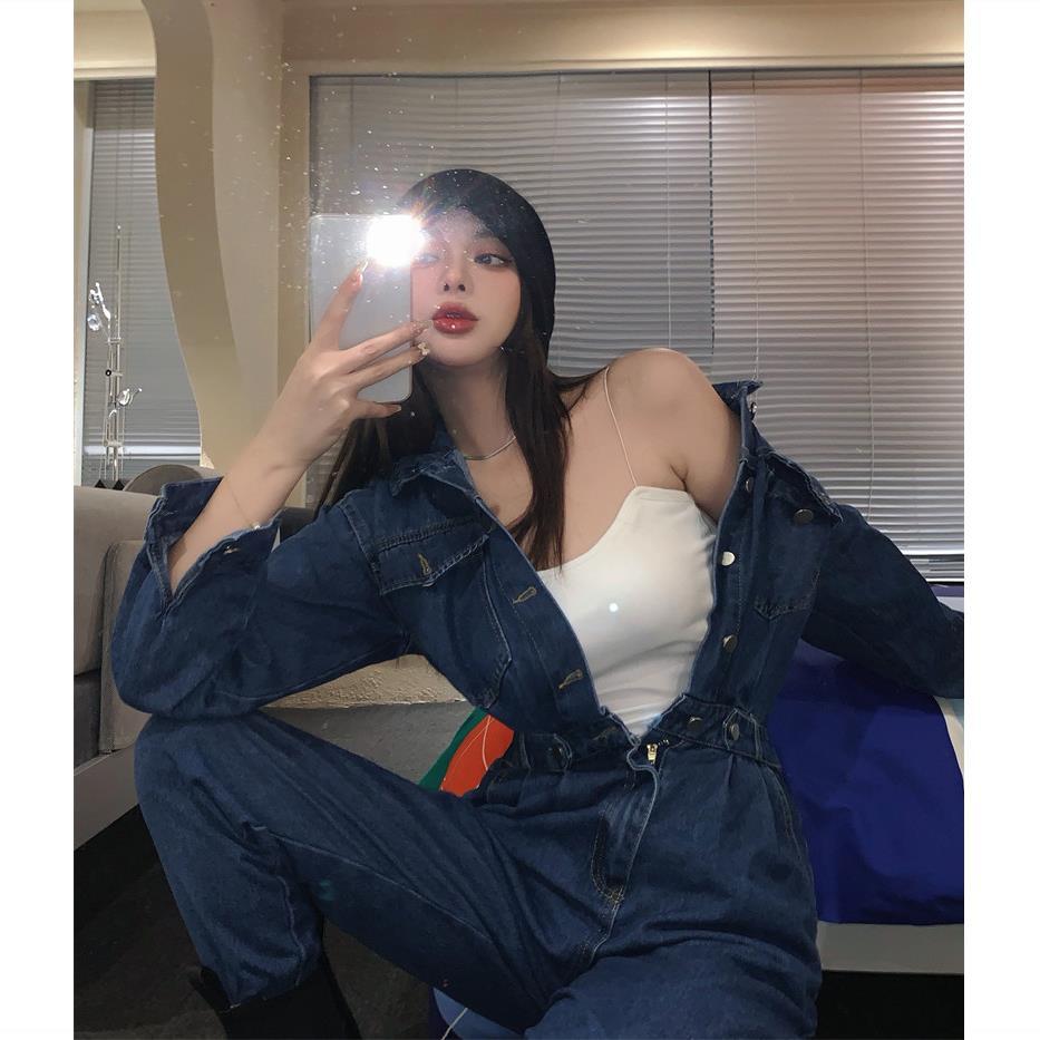 High-waisted denim jumpsuit suit women 2022 autumn new retro Hong Kong style loose and thin tooling straight-leg pants tide