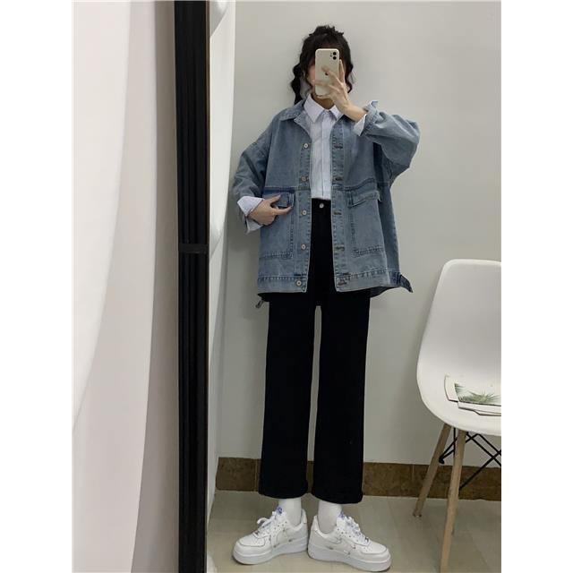 Spring and autumn  new large size fat sister mm loose retro denim jacket female slimming all-match top two-piece set