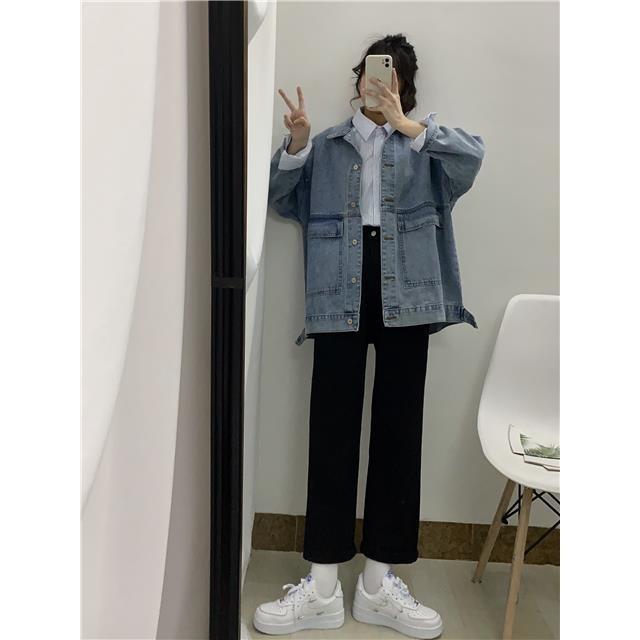 Spring and autumn  new large size fat sister mm loose retro denim jacket female slimming all-match top two-piece set