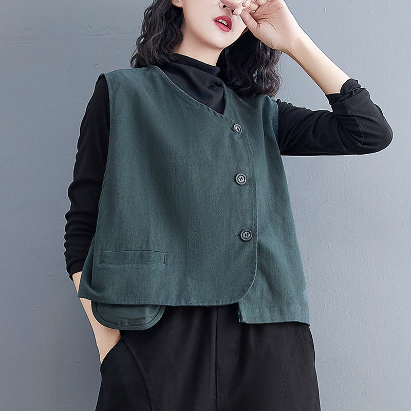 Literary retro cotton vest jacket women's autumn loose V-neck slim sleeveless vest irregular waistcoat top