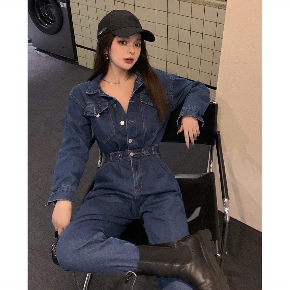 High-waisted denim jumpsuit suit women 2022 autumn new retro Hong Kong style loose and thin tooling straight-leg pants tide
