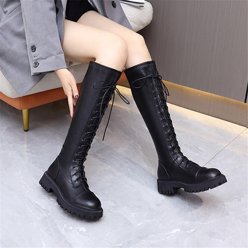 Boots women's  autumn and winter new knight boots lace-up Martin boots but knee leather boots thick-soled high boots