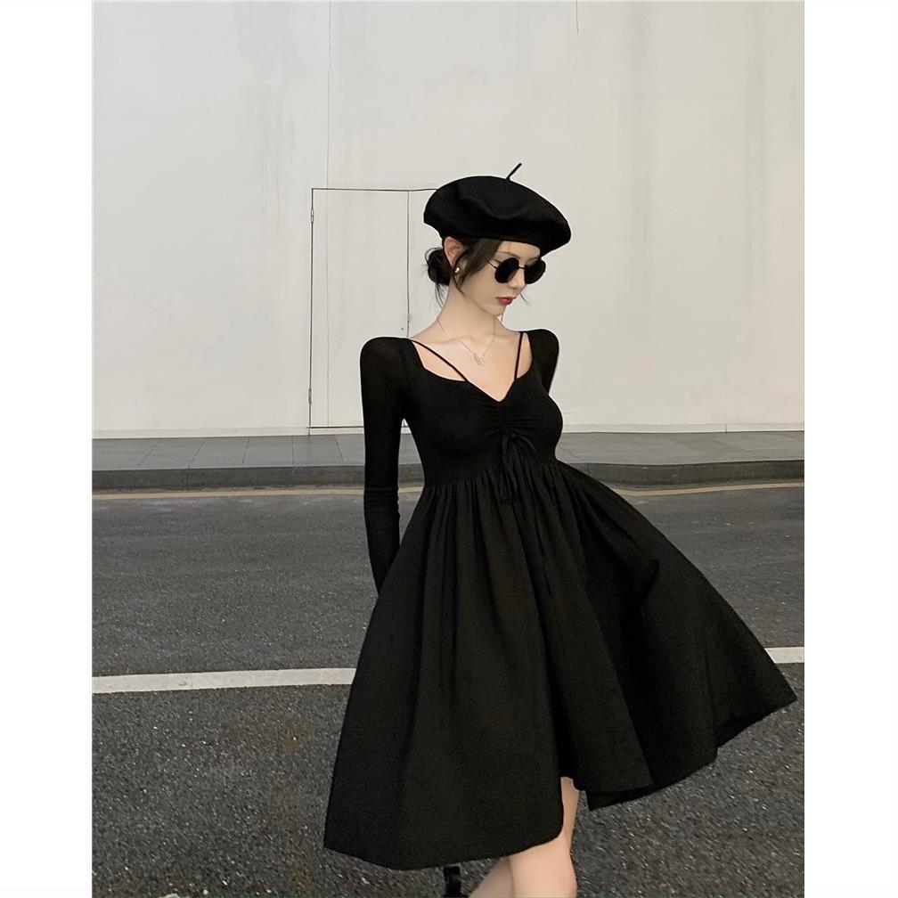 裙子女秋季新款小众设计感V领抽褶气质复古小黑裙长袖连衣裙