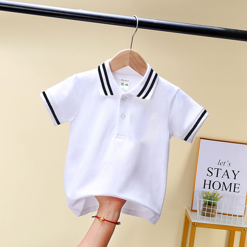 纯棉儿童白衬衫男童校服小学生夏季女童白色短袖t恤polo衫中大童t