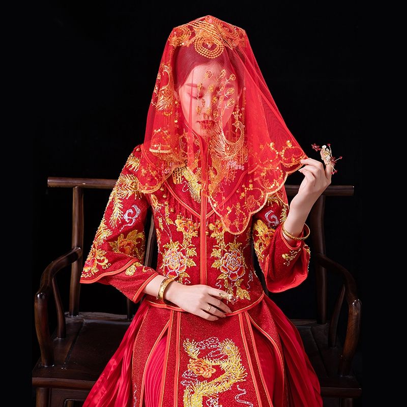 新娘红盖头结婚复古刺绣软头纱高档秀禾服喜帕中式婚礼红色蒙头巾