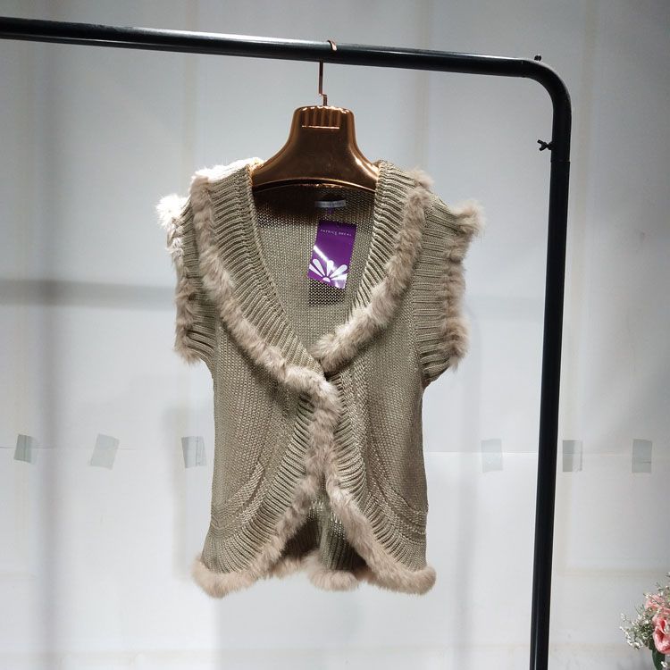 复古日韩兔毛纯手工编织皮草外套毛线短款秋女马甲夹开衫背心坎肩